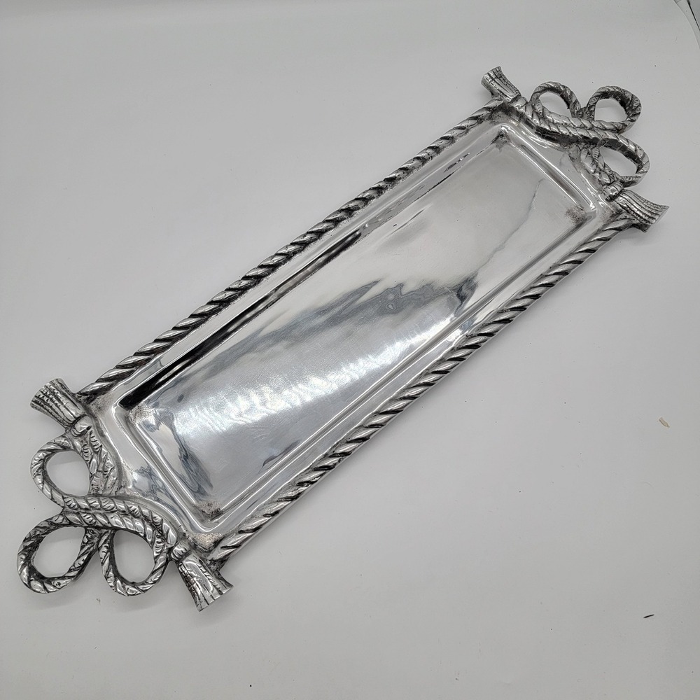 Pewter Serving Tray Rectangular 25.5" x 8" Platter Rope Knot Handals & Border